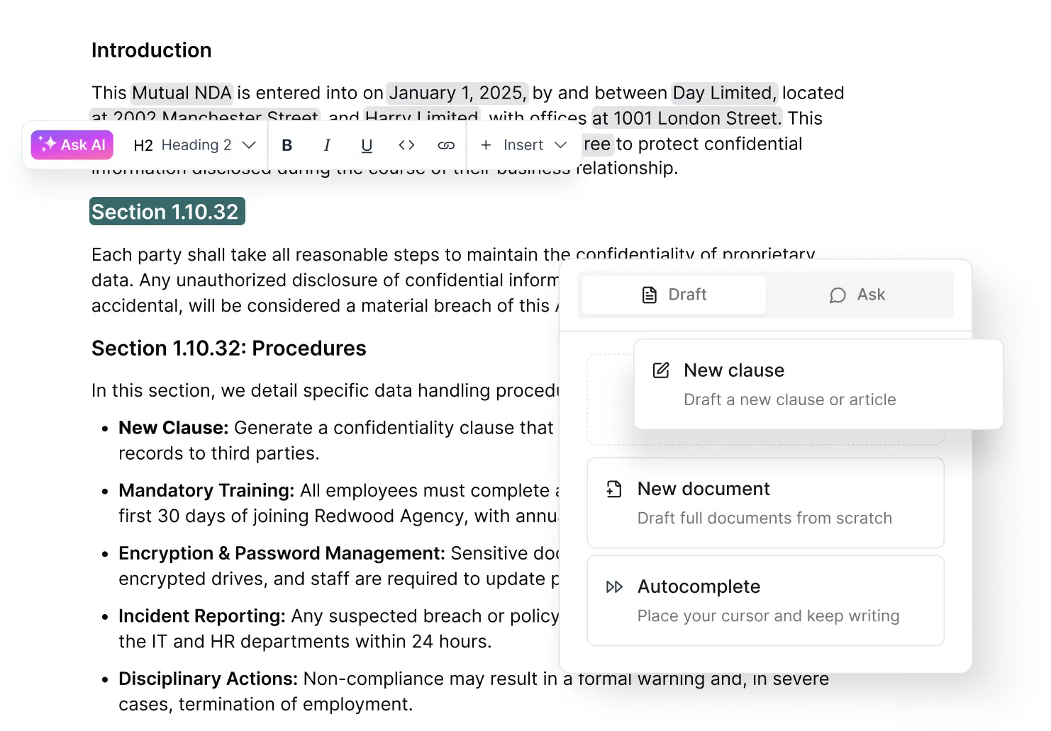 AI-powered document drafting interface